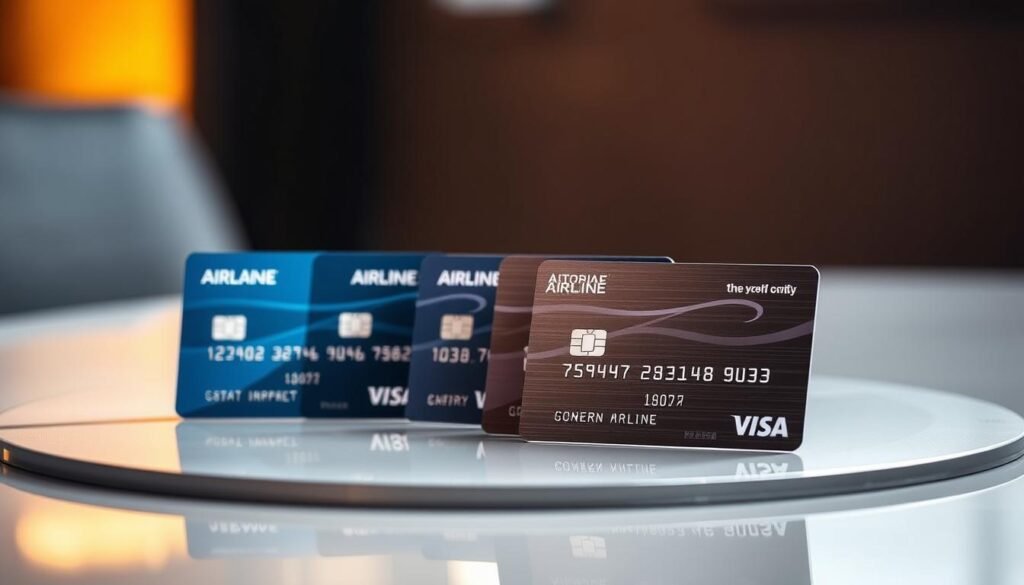 A high-quality set of airline credit cards displayed on a sleek, modern surface with a subtle reflection. The cards are positioned in an eye-catching arrangement, showcasing their premium designs and branding. The lighting is warm and directional, creating depth and highlighting the textural details of the cards. The background is slightly blurred, placing the focus on the foreground credit cards. The overall scene conveys a sense of exclusivity, luxury, and the key role these cards play in achieving elite airline status. A high-quality set of airline credit cards displayed on a sleek, modern surface with a subtle reflection. The cards are positioned in an eye-catching arrangement, showcasing their premium designs and branding. The lighting is warm and directional, creating depth and highlighting the textural details of the cards. The background is slightly blurred, placing the focus on the foreground credit cards. The overall scene conveys a sense of exclusivity, luxury, and the key role these cards play in achieving elite airline status.