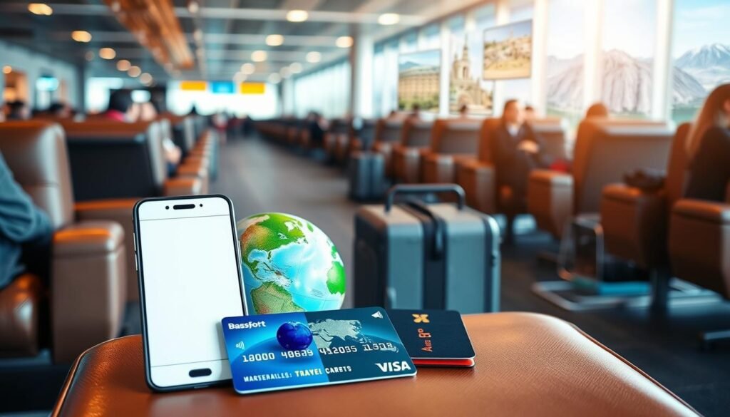 A sun-drenched airport lounge, with travelers relaxing in plush leather chairs. In the foreground, a stack of credit cards and a smartphone displaying card benefits - rewards programs, airport lounge access, travel insurance, and more. The middle ground features a globe, passport, and luggage, hinting at the global adventures enabled by these travel-focused perks. The background is a soft-focus collage of vacation scenes - beachfront resorts, snowy mountain vistas, vibrant cityscapes. Warm, inviting lighting casts a dreamlike glow, evoking the excitement and freedom of solo travel empowered by the right credit card. A sun-drenched airport lounge, with travelers relaxing in plush leather chairs. In the foreground, a stack of credit cards and a smartphone displaying card benefits - rewards programs, airport lounge access, travel insurance, and more. The middle ground features a globe, passport, and luggage, hinting at the global adventures enabled by these travel-focused perks. The background is a soft-focus collage of vacation scenes - beachfront resorts, snowy mountain vistas, vibrant cityscapes. Warm, inviting lighting casts a dreamlike glow, evoking the excitement and freedom of solo travel empowered by the right credit card.