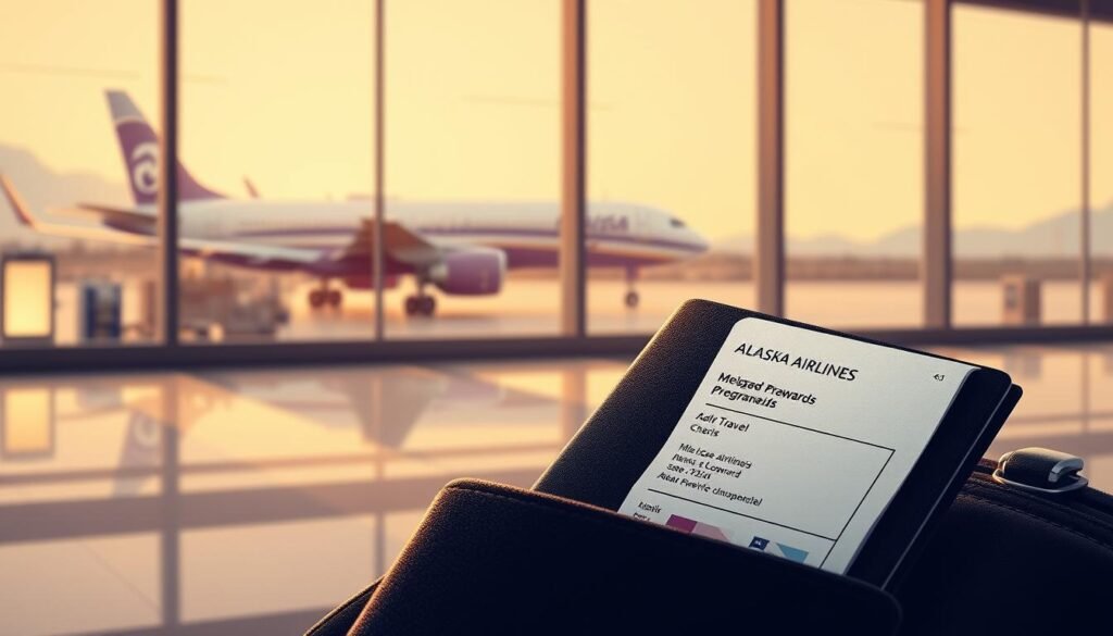 An elegant, detailed illustration of the Alaska Airlines Mileage Plan rewards program. A central focus on a traveler's passport and boarding pass, symbolizing the personalized travel benefits. In the background, a softly lit airport terminal with a view of an Alaska Airlines jet taking off. Warm lighting and muted tones convey a sense of premium, elevated travel experiences. Minimal text or branding, allowing the visual elements to tell the story of Alaska's enhanced loyalty program and its tailored rewards. An elegant, detailed illustration of the Alaska Airlines Mileage Plan rewards program. A central focus on a traveler's passport and boarding pass, symbolizing the personalized travel benefits. In the background, a softly lit airport terminal with a view of an Alaska Airlines jet taking off. Warm lighting and muted tones convey a sense of premium, elevated travel experiences. Minimal text or branding, allowing the visual elements to tell the story of Alaska's enhanced loyalty program and its tailored rewards.
