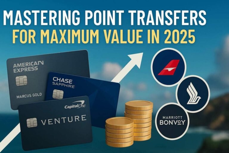 Mastering Point Transfers for Maximum Value in 2025 Credit cards from American Express, Chase, and Capital One next to stacks of coins, airline and hotel logos, with an upward arrow and the text: Mastering Credit Card Points Transfers for Maximum Travel Rewards in 2025.