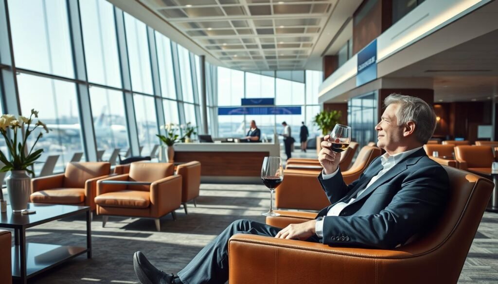 A spacious, luxurious credit card lounge at a modern international airport. Bright, natural lighting cascades through floor-to-ceiling windows, illuminating plush leather seating, sleek wooden furnishings, and elegant floral arrangements. In the foreground, a well-dressed business traveler relaxes in a comfortable armchair, sipping a glass of fine wine. The middle ground features a concierge desk, where attentive staff assist patrons with their travel needs. In the background, the bustling airport terminal can be seen through the windows, creating a sense of exclusivity and privilege within the tranquil lounge setting. The atmosphere is one of refined elegance, signifying the prestige and perks associated with premium credit card membership. A spacious, luxurious credit card lounge at a modern international airport. Bright, natural lighting cascades through floor-to-ceiling windows, illuminating plush leather seating, sleek wooden furnishings, and elegant floral arrangements. In the foreground, a well-dressed business traveler relaxes in a comfortable armchair, sipping a glass of fine wine. The middle ground features a concierge desk, where attentive staff assist patrons with their travel needs. In the background, the bustling airport terminal can be seen through the windows, creating a sense of exclusivity and privilege within the tranquil lounge setting. The atmosphere is one of refined elegance, signifying the prestige and perks associated with premium credit card membership.