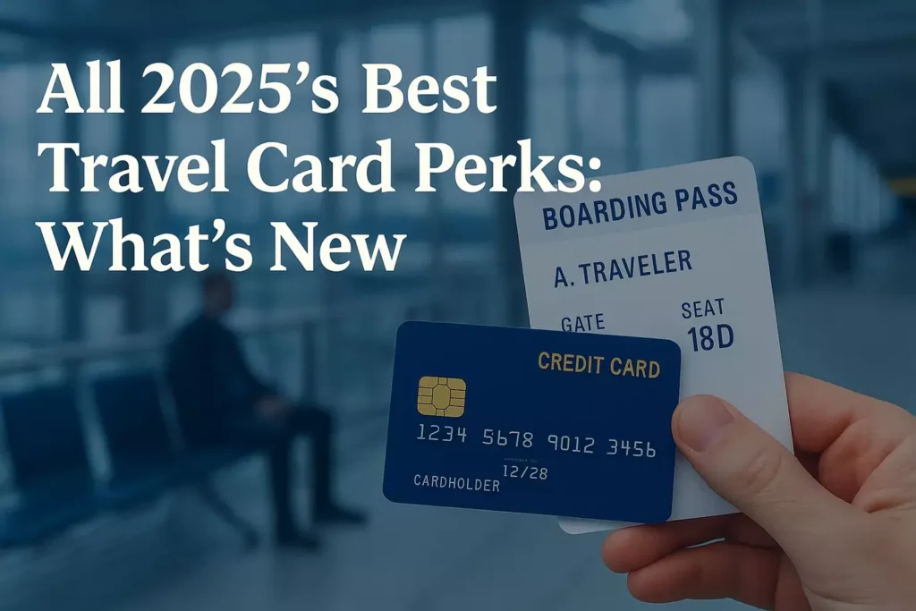 Fall 2025's Best Travel Card Perks: What's New A hand holds a boarding pass and a credit card in an airport. Text reads: Fall 2025’s Best Travel Card Perks: What’s New and What’s Actually Useful. chase ultimate rewards and travel credit cards make every trip smoother. A person sits blurred in the background.