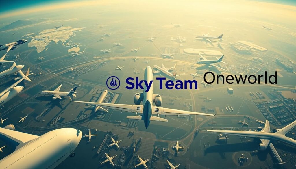 Striking visual representation of the three major global airline alliances, captured in a seamless, panoramic composition. In the foreground, the iconic logos of Star Alliance, SkyTeam, and Oneworld stand out in sharp, vibrant detail, emblazoned on the fuselages of their respective member airlines. The middle ground features a diverse fleet of aircraft in harmonious formation, representing the scale and scope of each alliance's worldwide network. The background showcases a sweeping, cinematic vista of international airports, bustling with activity and connected by intricate route maps. Dramatic lighting and a crisp, documentary-style aesthetic lend an authoritative, informative tone to the scene, capturing the essence of the airline alliance landscape in a single, powerful image. Striking visual representation of the three major global airline alliances, captured in a seamless, panoramic composition. In the foreground, the iconic logos of Star Alliance, SkyTeam, and Oneworld stand out in sharp, vibrant detail, emblazoned on the fuselages of their respective member airlines. The middle ground features a diverse fleet of aircraft in harmonious formation, representing the scale and scope of each alliance's worldwide network. The background showcases a sweeping, cinematic vista of international airports, bustling with activity and connected by intricate route maps. Dramatic lighting and a crisp, documentary-style aesthetic lend an authoritative, informative tone to the scene, capturing the essence of the airline alliance landscape in a single, powerful image.