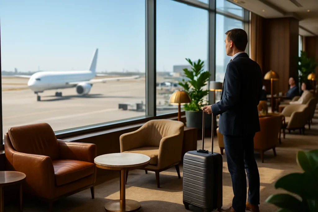 A man in a suit stands with a suitcase in an airport lounge, representing credit card points, airline miles, and luxury travel rewards. The stylish space, likely accessed with airline miles or credit card benefits, features comfortable chairs, tables, and lush indoor plants.