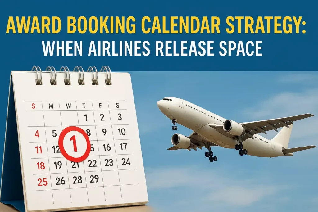 Award Booking Calendar Strategy: When Airlines Release Space A calendar with a date circled in red is in the foreground, and an airplane takes off against a blue sky in the background. Text above reads: Award Booking Calendar Strategy: When Airlines Release Award Seats.