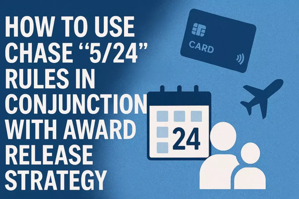 How to Use Chase "5/24" Rules in Conjunction with Award Release Strategy Text reads How to Use Chase “5/24” Rules in Conjunction with Award Release Strategy, including tips for maximizing Southwest Rapid Rewards or Rapid Rewards Plus points. Icons of a credit card, calendar marked 24, two people, and an airplane on a blue background.