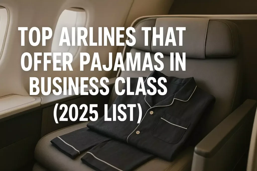 Top Airlines That Offer Pajamas in Business Class (2025 List) A business class airplane seat with folded pajamas on it. Overlaid text reads: Top airlines, like Emirates Business Class and Qatar Airways, that offer pajamas to business class passengers (2025 list).