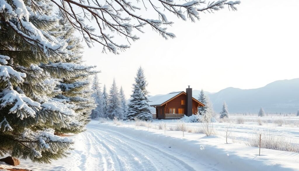 A serene winter landscape with gentle snow blanketing the ground and tree branches. In the foreground, a tranquil pathway lined with frosted pine trees invites travelers to explore. In the middle ground, a quaint wooden cabin with smoke curling from the chimney is nestled among the trees, its windows aglow with warm light, suggesting a cozy retreat after the holiday rush. In the background, soft blue mountains rise against a pale sky, hinting at adventures waiting beyond. The scene is illuminated by soft, diffused sunlight, casting long, gentle shadows that enhance the stillness and peaceful atmosphere. This idyllic winter travel scenario captures the essence of post-holiday relaxation and exploration. A serene winter landscape with gentle snow blanketing the ground and tree branches. In the foreground, a tranquil pathway lined with frosted pine trees invites travelers to explore. In the middle ground, a quaint wooden cabin with smoke curling from the chimney is nestled among the trees, its windows aglow with warm light, suggesting a cozy retreat after the holiday rush. In the background, soft blue mountains rise against a pale sky, hinting at adventures waiting beyond. The scene is illuminated by soft, diffused sunlight, casting long, gentle shadows that enhance the stillness and peaceful atmosphere. This idyllic winter travel scenario captures the essence of post-holiday relaxation and exploration.