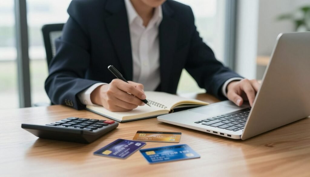 A sophisticated office setting featuring a professional looking at a credit card benefits evaluation on a laptop. In the foreground, a neatly organized desk with a calculator, notepad, and several credit cards laid out for comparison. The middle ground shows the professional, dressed in smart business attire, deeply focused and taking notes. The background offers a blurred view of large windows, allowing natural soft light to illuminate the scene, creating a productive and thoughtful atmosphere. The image should capture a sense of contemplation, with warm tones enhancing the feeling of a serious financial decision-making process. The angle is slightly tilted from above, emphasizing the comparison of the credit cards and the evaluation process. A sophisticated office setting featuring a professional looking at a credit card benefits evaluation on a laptop. In the foreground, a neatly organized desk with a calculator, notepad, and several credit cards laid out for comparison. The middle ground shows the professional, dressed in smart business attire, deeply focused and taking notes. The background offers a blurred view of large windows, allowing natural soft light to illuminate the scene, creating a productive and thoughtful atmosphere. The image should capture a sense of contemplation, with warm tones enhancing the feeling of a serious financial decision-making process. The angle is slightly tilted from above, emphasizing the comparison of the credit cards and the evaluation process.