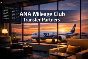 ANA Mileage Club Transfer Partners A luxurious airport lounge at sunset overlooks an ANA 787, highlighting ANA Mileage Club Transfer Partners. A departure board and comfortable seating with drinks complete the inviting scene.