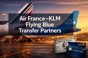 Two airplanes with Air France KLM logos are parked at an airport. Overlaid text reads Flying Blue Transfer Partners, with images of American Express Platinum and Capital One Venture credit cards at the bottom.
