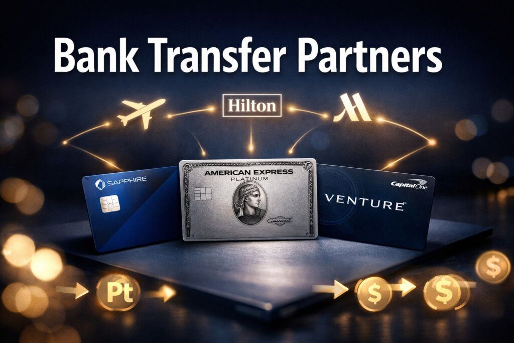 Bank Transfer Partners (Points Currencies) Three credit cards—Chase Sapphire, Amex Platinum, and Capital One Venture—are displayed under the Bank Transfer Partners text, alongside Hilton and Marriott logos. Airplane icons and symbols illustrate how points from these cards convert into dollars below.