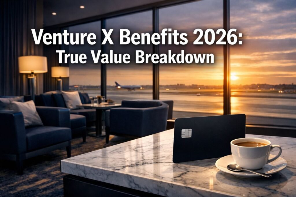A luxurious airport lounge at sunset with a marble table, coffee cup, credit card, and runway view. Text reads, “Venture X Benefits 2026: True Value Breakdown.”.