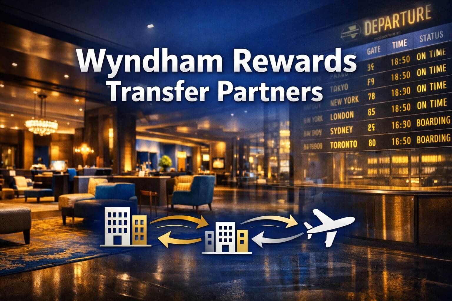 Professional landscape format (1536x1024) hero image featuring bold text overlay 'Wyndham Rewards Transfer Partners' in extra large 72pt whi