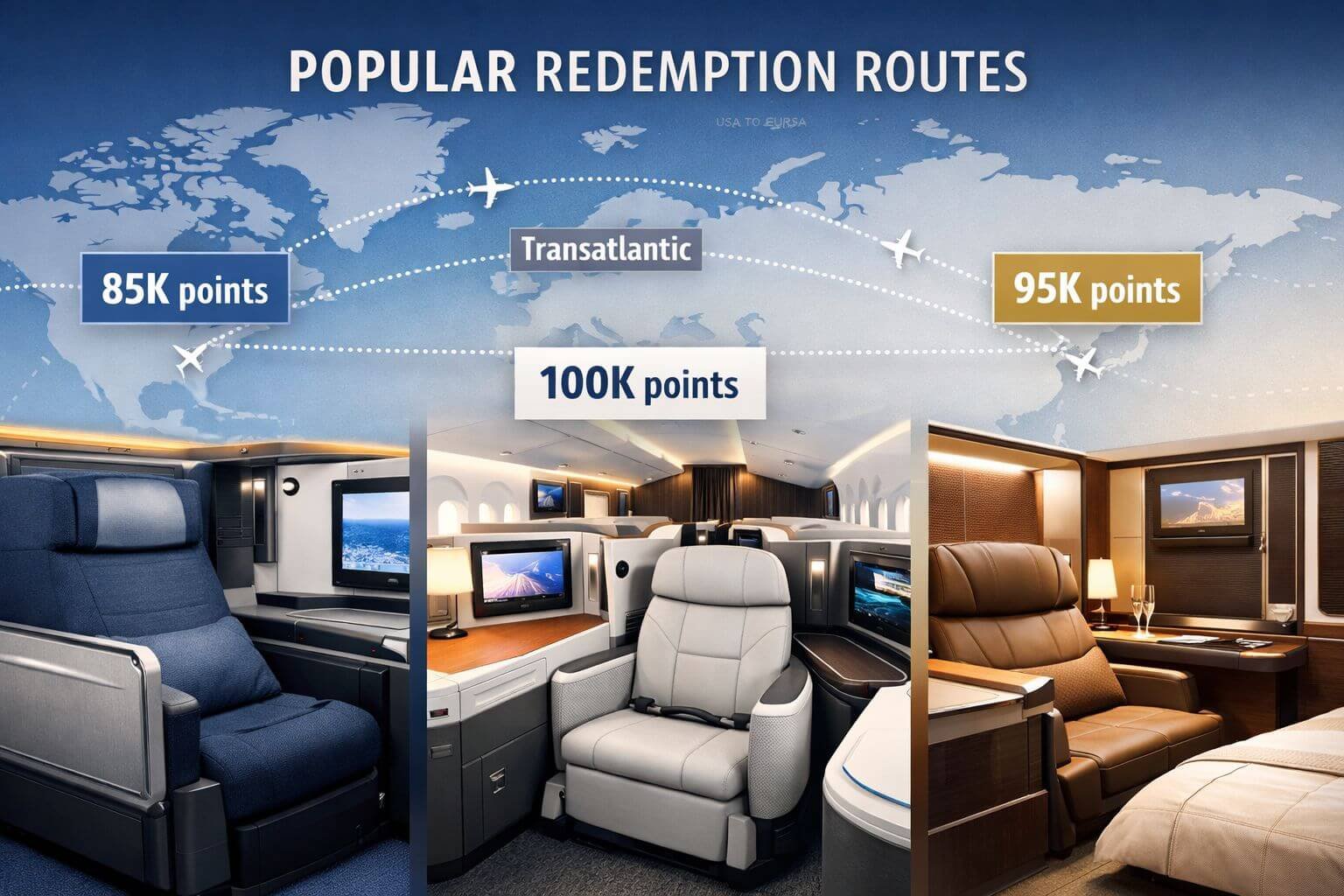 Detailed infographic-style image showing business class cabin interior with route map overlay displaying popular redemption routes (US to Eu