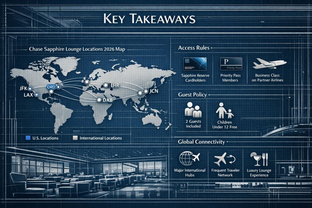 Key Takeaways section infographic featuring modern airport lounge architectural blueprint style, overlaid with crisp data visualization show
