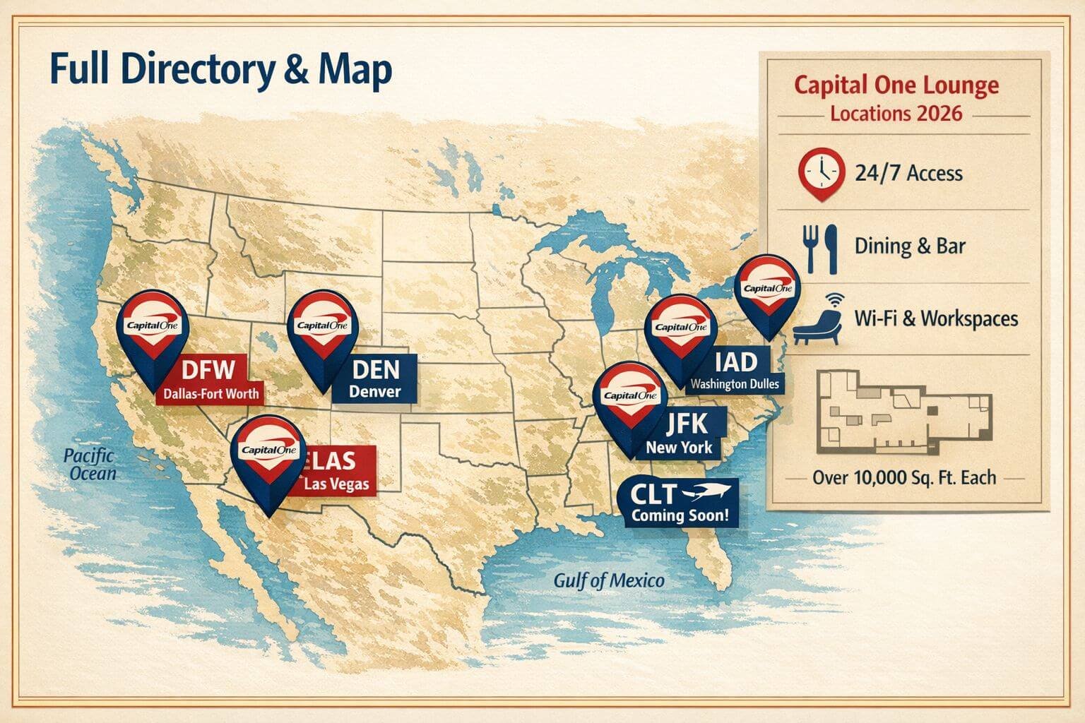 Detailed landscape format (1536x1024) infographic-style image showing a stylized US airport map with pin markers at DFW, DEN, IAD, JFK, LAS,