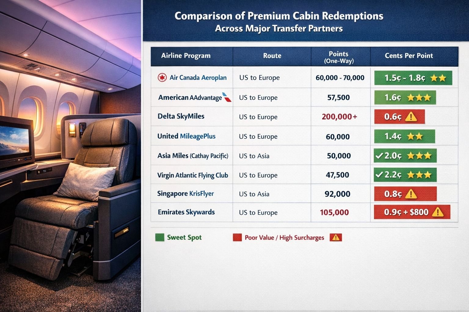 How to Redeem Points for Flights 2026 Landscape format (1536x1024) detailed value comparison chart showing premium cabin redemptions across major transfer partners. Split-screen