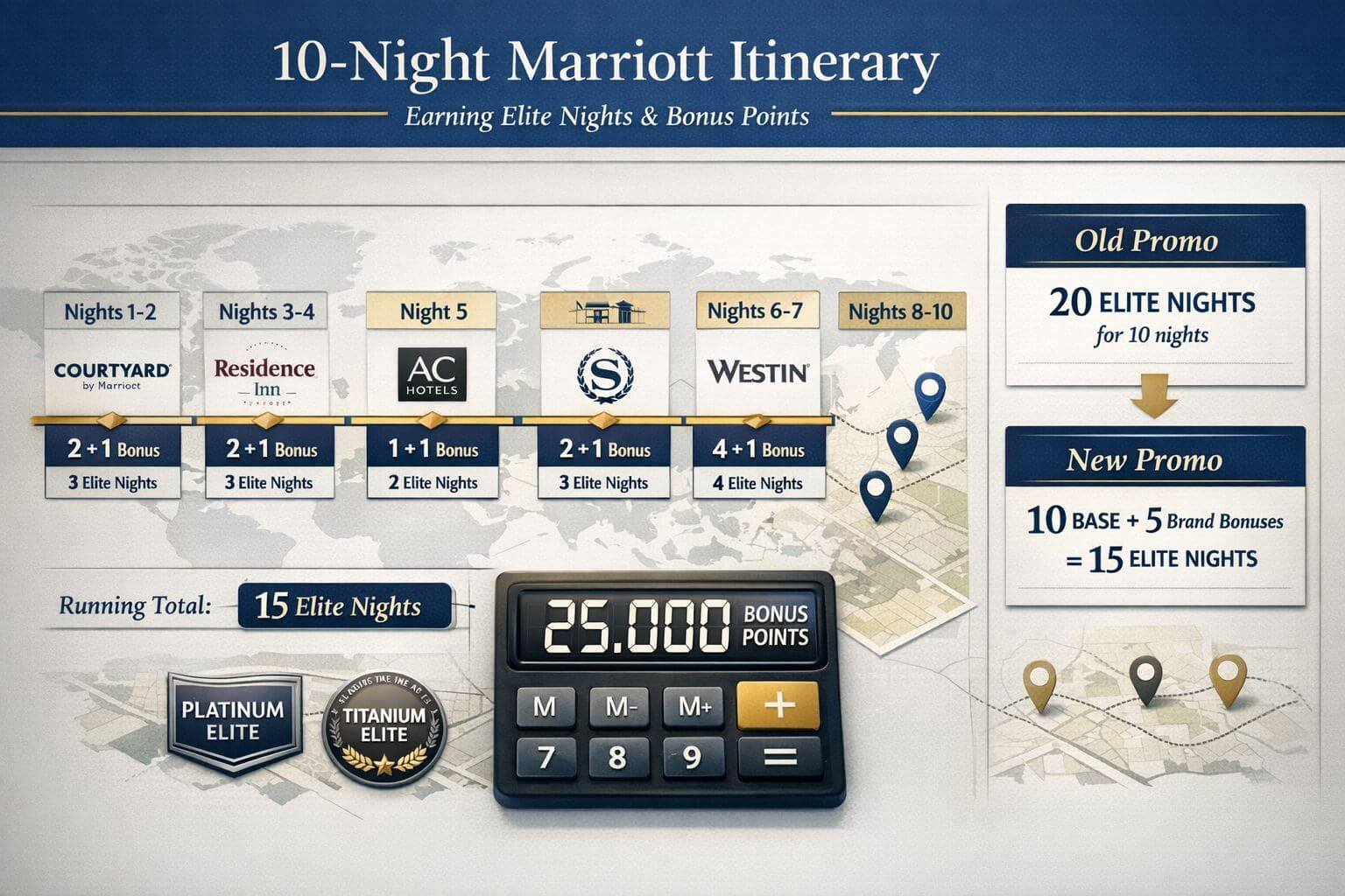 Marriott Q1 2026 Promotion Strategy: Maximize Bonus Points and Elite Nights Landscape format (1536x1024) strategic planning visualization showing a sample 10-night itinerary across multiple Marriott brands. Visual in