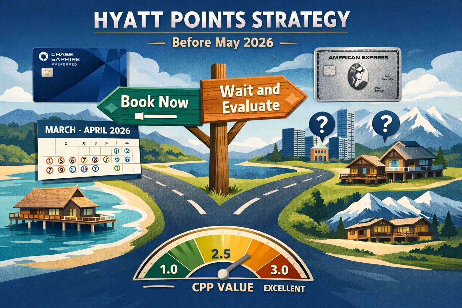 Hyatt's New 5-Tier Award Chart: What May 2026 Changes Mean for Points Detailed landscape format (1536x1024) conceptual illustration showing a decision framework flowchart for Hyatt points strategy before May 20