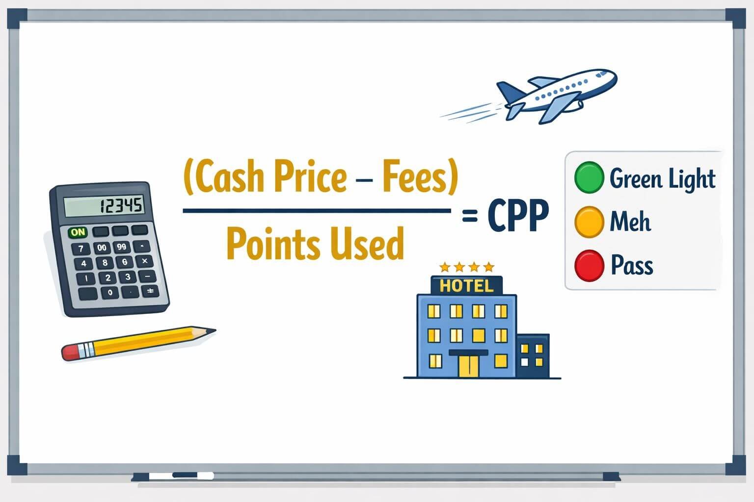 Beginner-friendly cents-per-point guide: when to use points vs cash in 2026 Landscape format (1536x1024) educational infographic illustration showing the cents-per-point formula written on a clean whiteboard or chalk