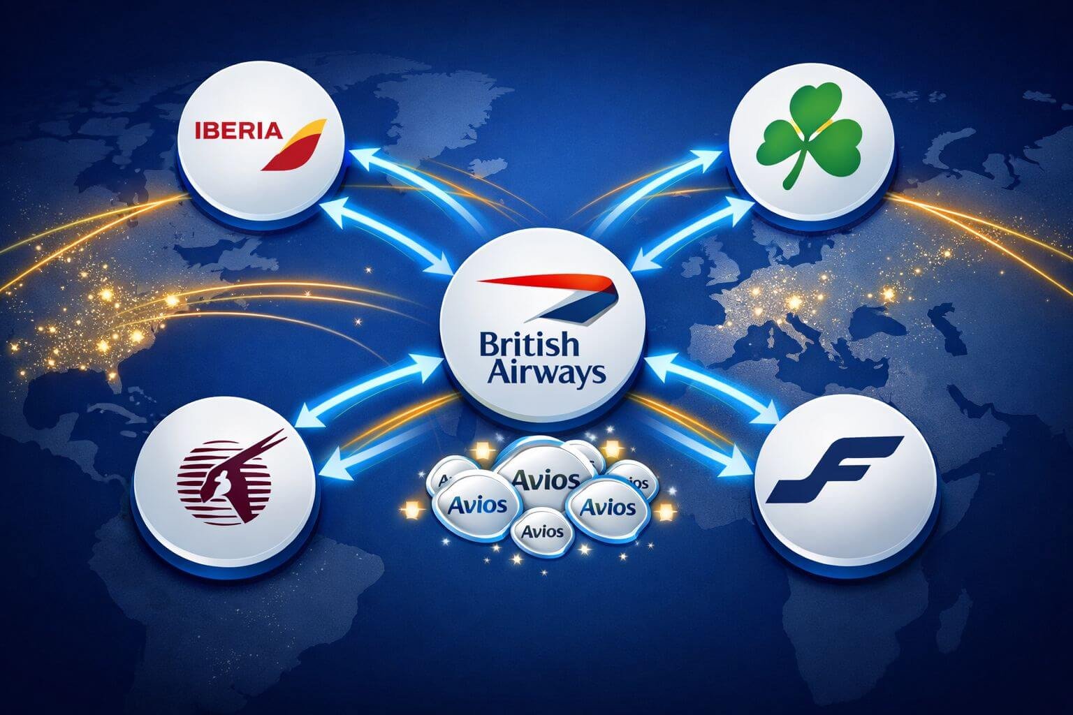 Chase to Avios March 2026: 20% transfer bonus across British Airways, Iberia & Aer Lingus Landscape format (1536x1024) editorial illustration showing a conceptual flowchart visualization of Avios points moving between five airline
