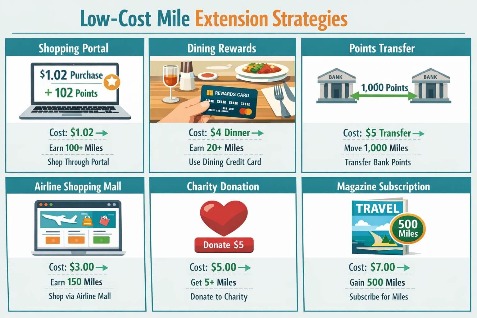 Do Airline Miles Expire? Rules by Program + How to Extend Landscape format (1536x1024) step-by-step visual guide showing low-cost mile extension strategies. Split into six panels with icons and cost