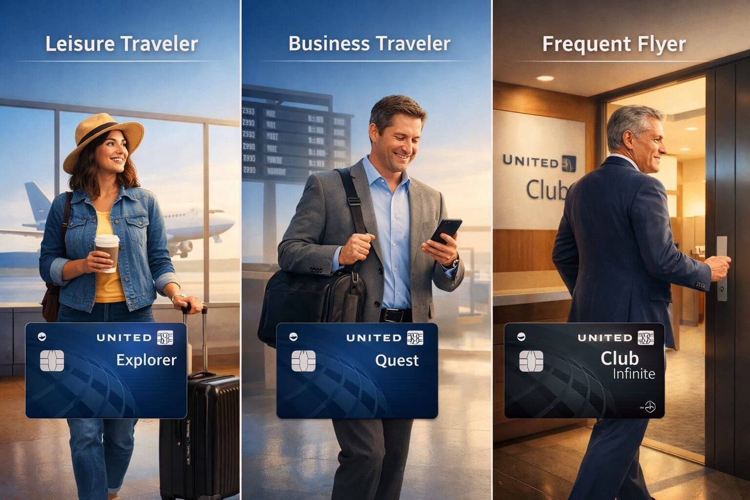 Best United Credit Cards 2026: Explorer vs Quest vs Club Infinite (Which to Get) Detailed landscape format (1536x1024) conceptual illustration showing three distinct traveler profiles at an airport: a casual leisure trave