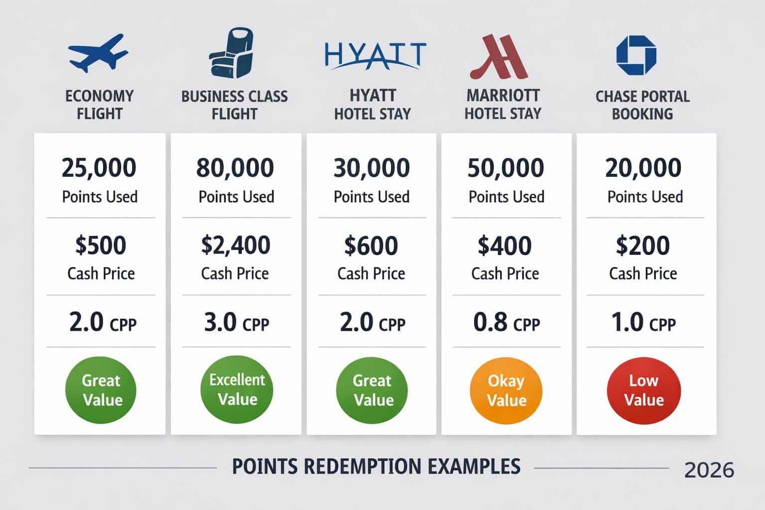 Beginner-friendly cents-per-point guide: when to use points vs cash in 2026 Landscape format (1536x1024) comparison table visual showing five worked redemption examples side by side: economy flight, business class fl
