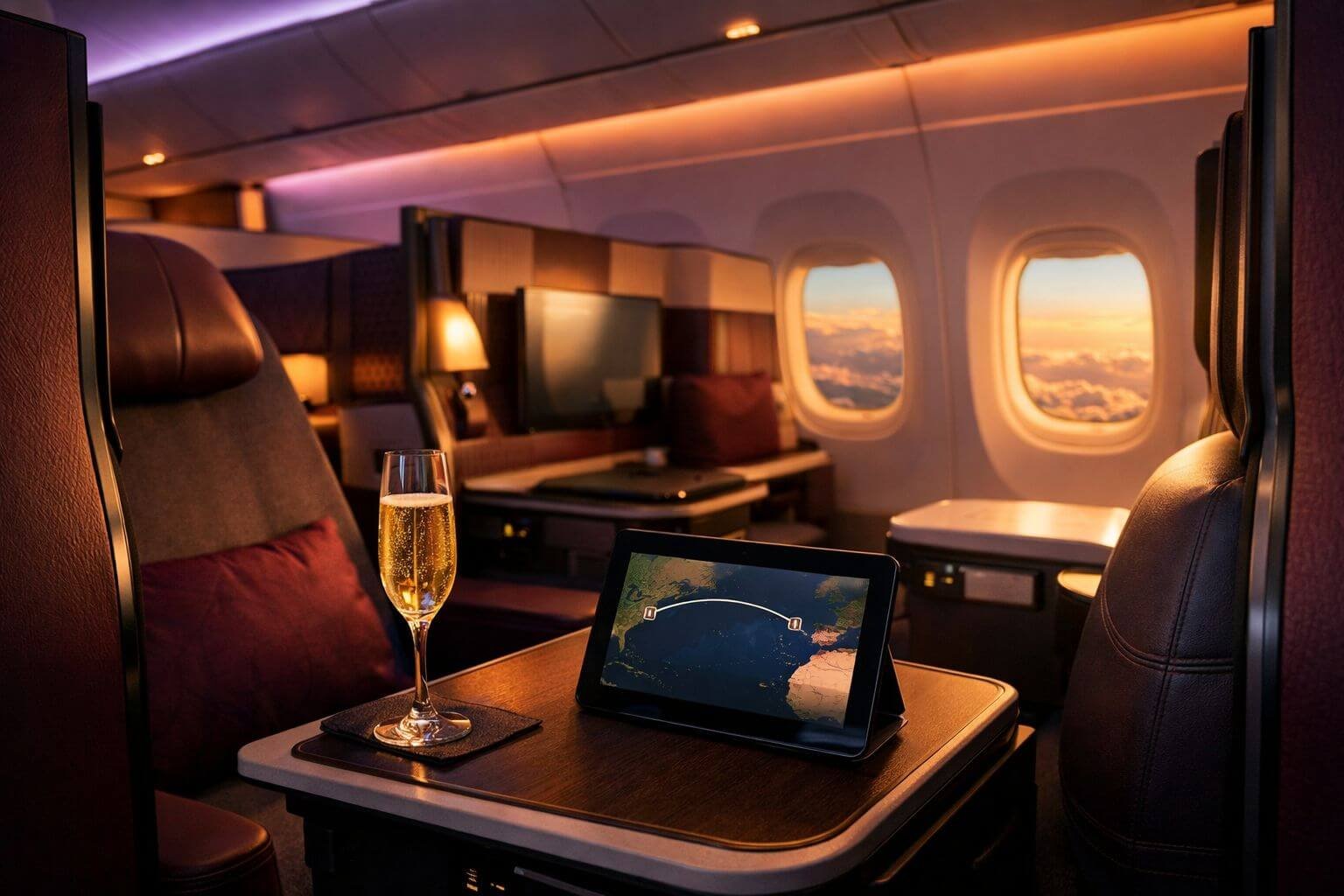 Chase to Avios March 2026: 20% transfer bonus across British Airways, Iberia & Aer Lingus Landscape format (1536x1024) editorial photograph of a Qatar Airways Qsuite business class cabin interior with the signature privacy doors o