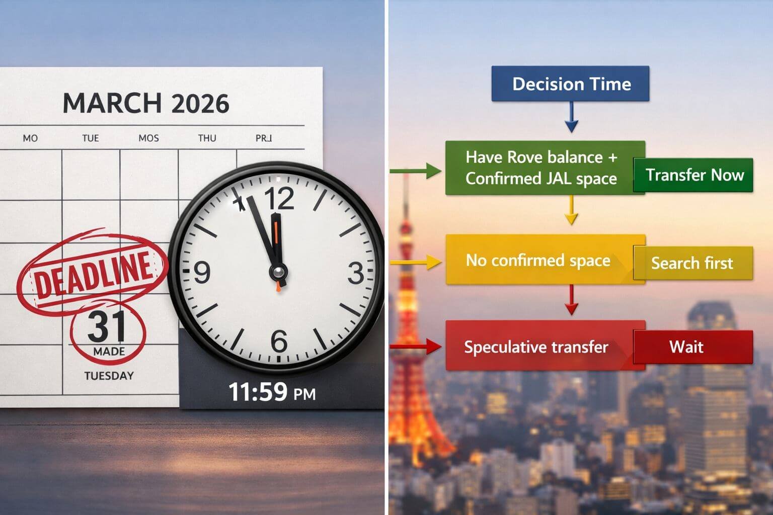Rove Miles to JAL 50% Transfer Bonus Through March 31 2026 Detailed () image showing a split-screen decision framework visual. Left half depicts a calendar page showing March 31 2026