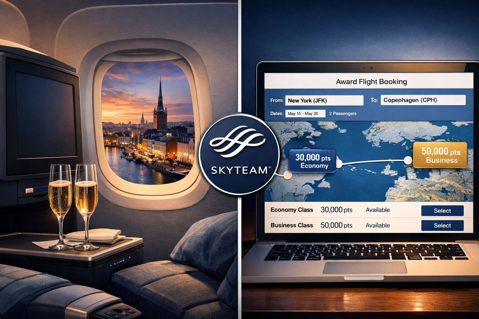 SAS EuroBonus Transfer Partners Detailed () concept illustration showing a split-scene composition: left half depicts a business class cabin interior with