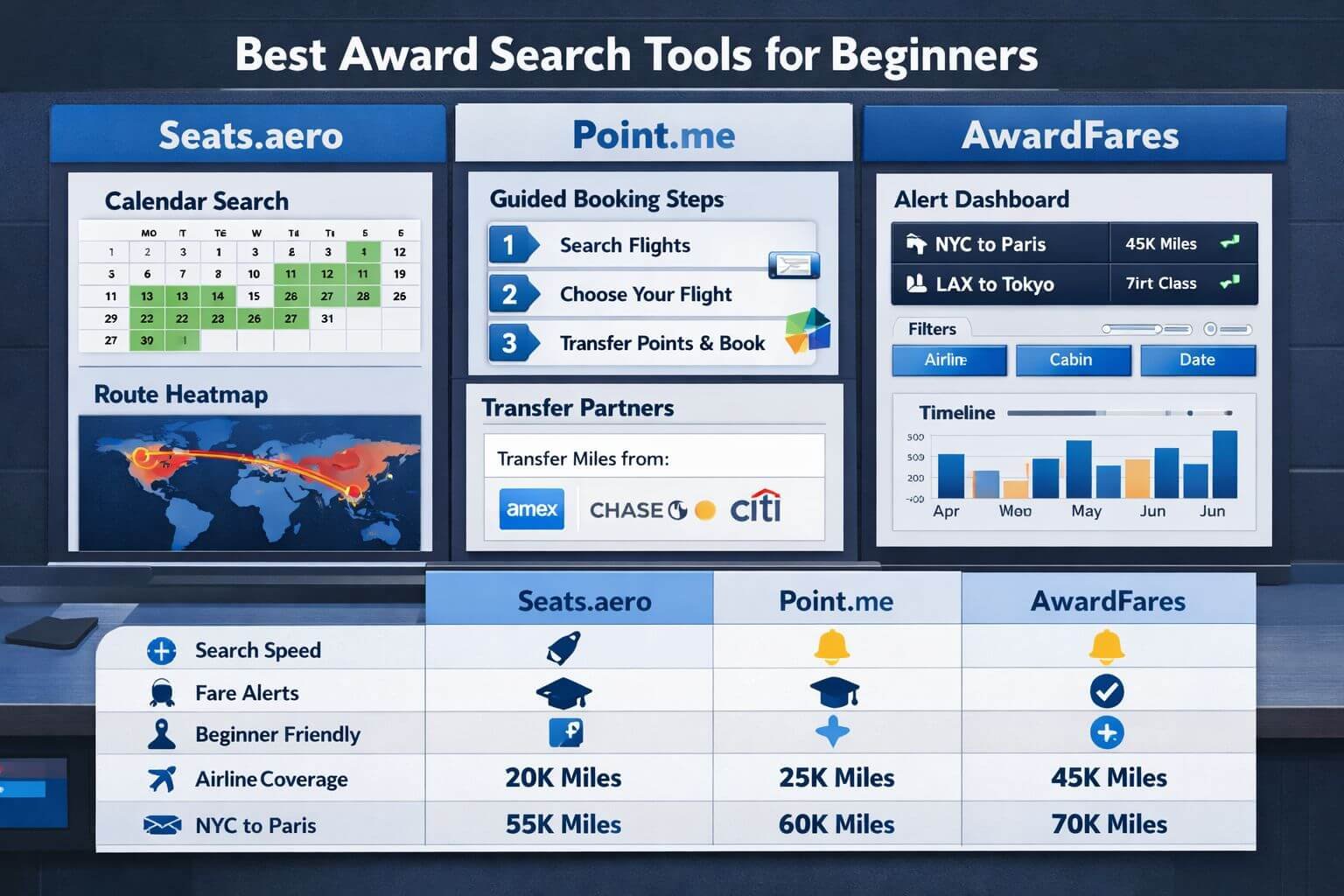 Beginner’s Guide to Award Search Tools: Seats.aero, Point.me, AwardFares Editorial infographic scene focused on comparing the best award search tools for beginners. Show a split-screen desktop