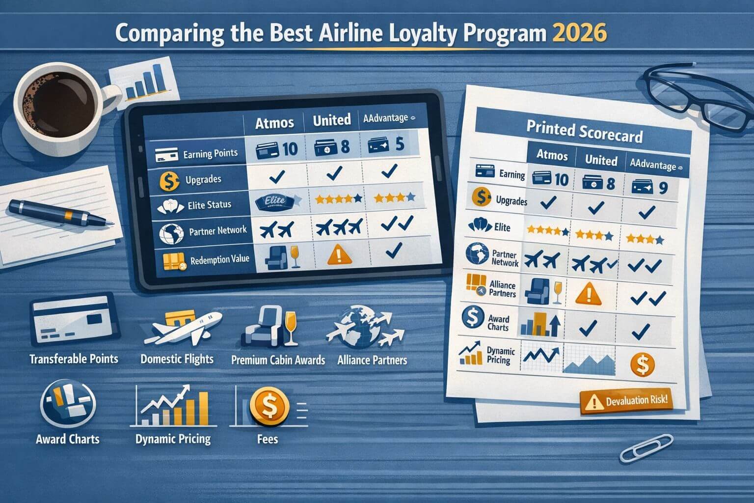 Editorial infographic illustrating how to compare the best airline loyalty program 2026 across earning, elite status,
