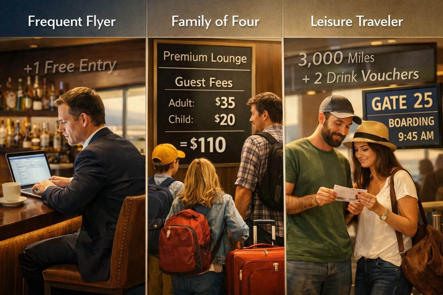 Detailed landscape format (1536x1024) conceptual illustration showing three distinct traveler archetypes at an airport: a solo business trav