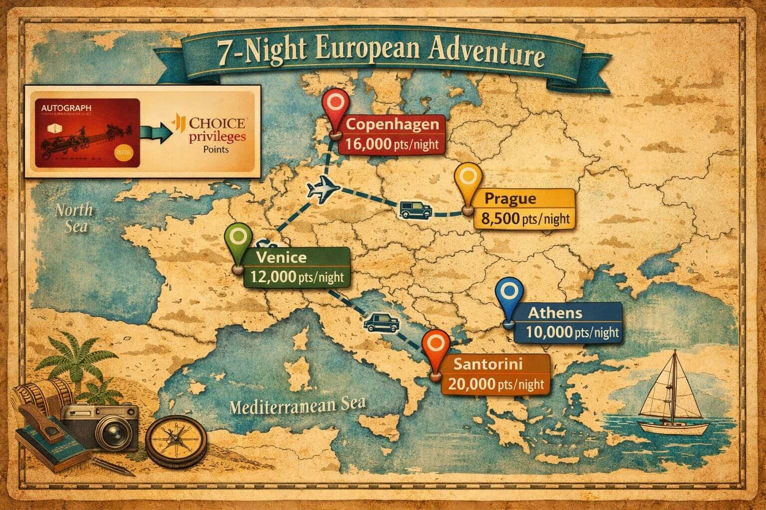 Choice Privileges in 2026: Still a Hidden Gem for Europe Hotel Deals? Landscape format (1536x1024) editorial illustration of a 7-night European travel itinerary map showing a route through Scandinavia, Central