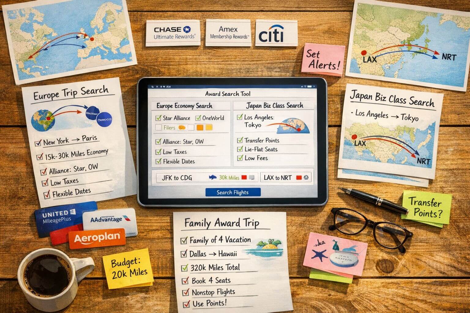 Beginner’s Guide to Award Search Tools: Seats.aero, Point.me, AwardFares Editorial travel-planning image centered on real-world award search examples using the best award search tools. Show a