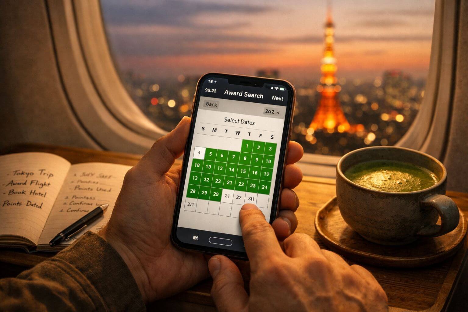 Best Points for Business Class to Japan in 2026 (Without Crazy Surcharges) () editorial photograph of a traveler's hands holding a smartphone displaying an award search tool calendar with green