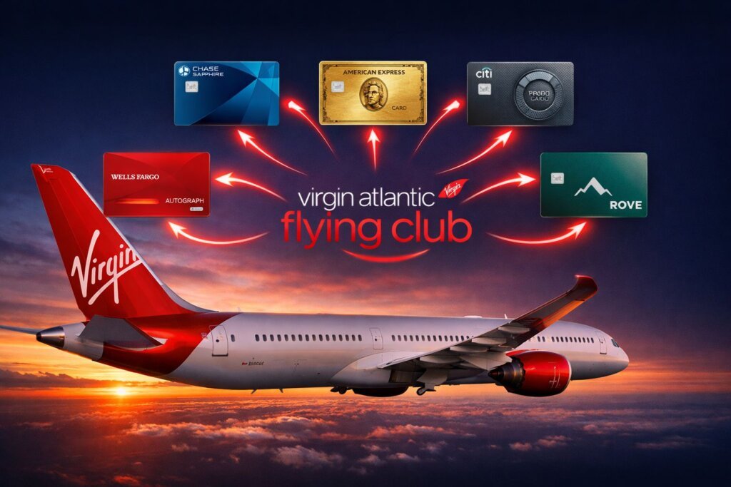 A Virgin Atlantic airplane flies against a sunset sky. Above it, five credit cards point with red arrows to the Flying Club logo, illustrating the various transfer partners that help you earn or move points to Virgin Atlantic’s loyalty program.