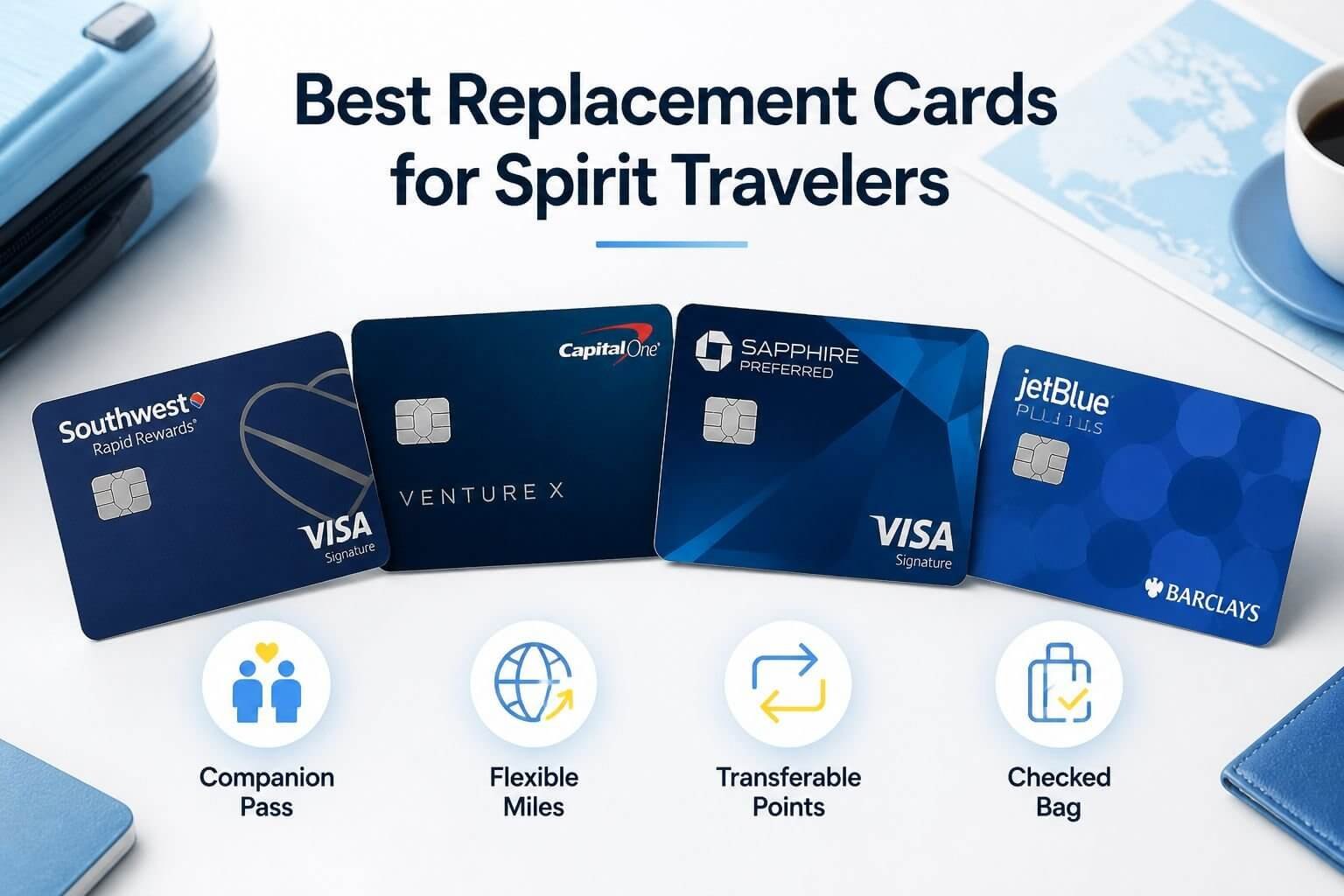 Spirit Airlines Credit Card After Bankruptcy: What Cardholders Should Do Now () comparison visual showing four credit cards fanned out on a clean white surface — representing Southwest Rapid Rewards,