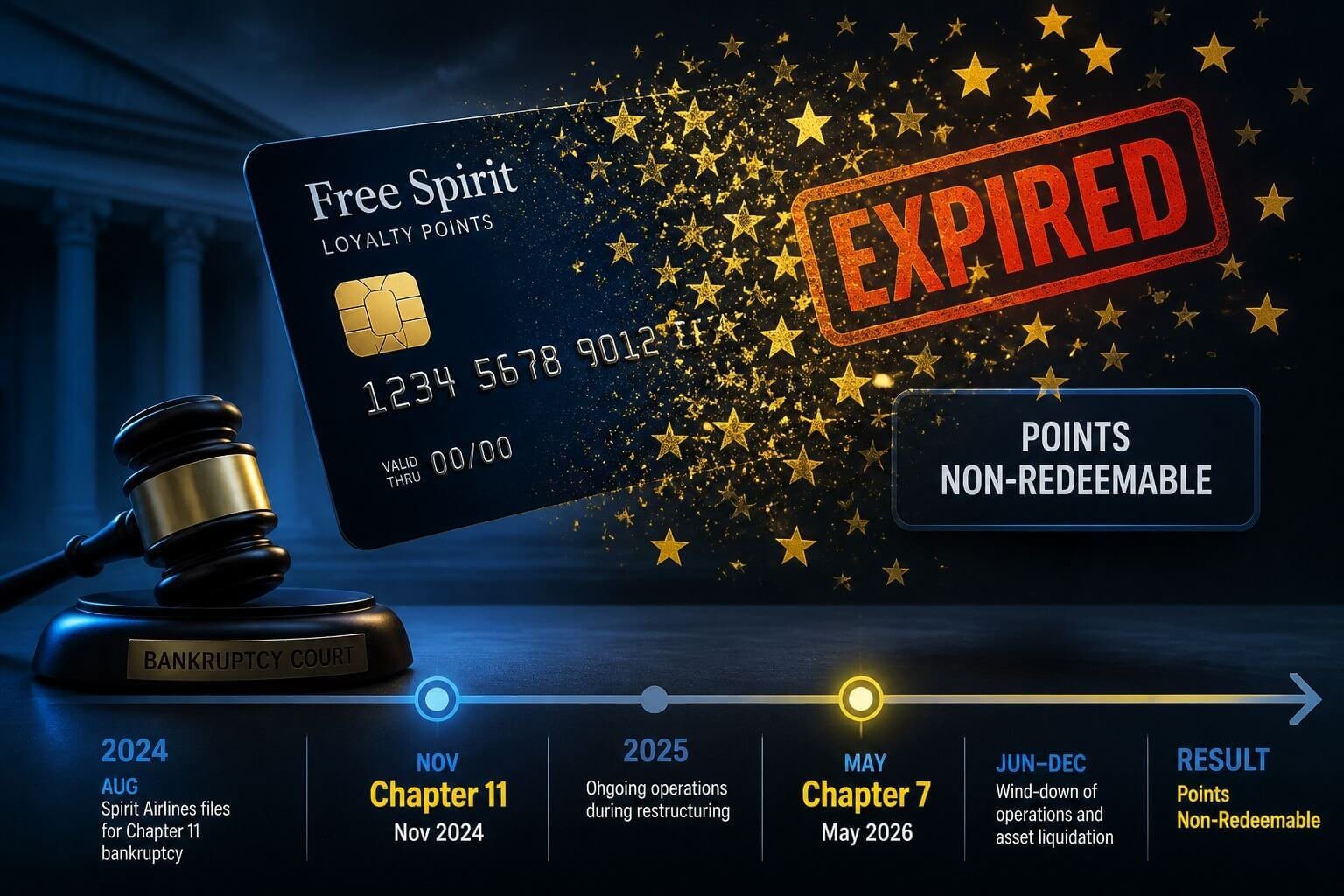() editorial infographic illustration showing a Free Spirit loyalty points card dissolving into scattered yellow stars