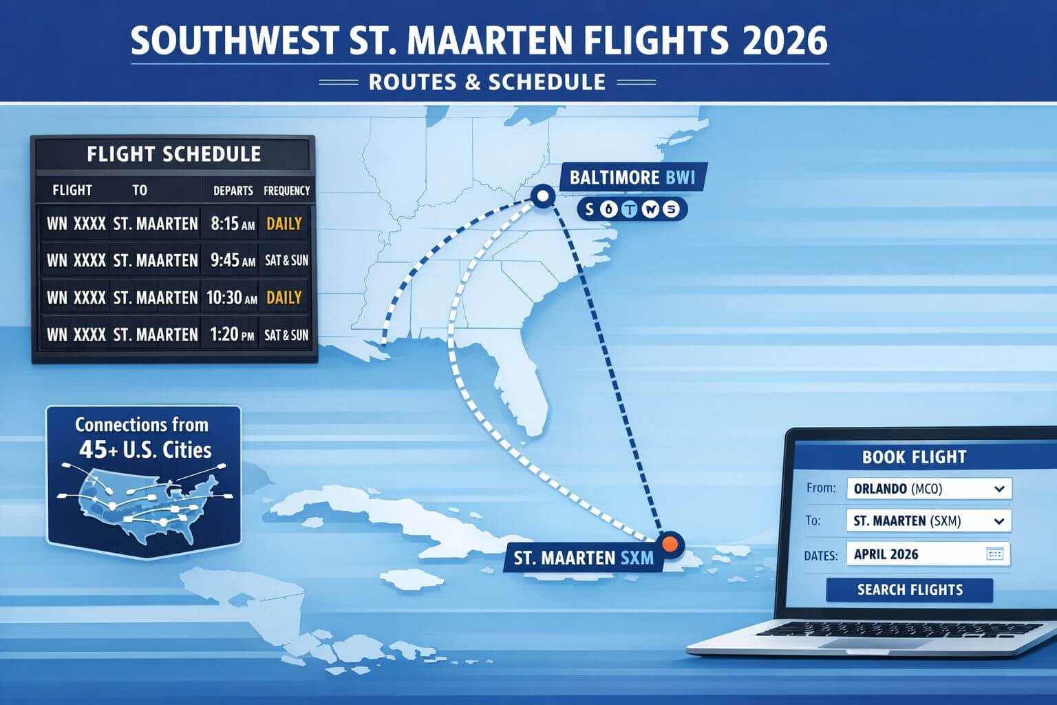 Southwest's New St. Maarten Flights: Best Points Redemptions and Companion Pass Plays for 2026 Infographic-style editorial image focused on Southwest St. Maarten flights 2026 route details and schedule. Show a clean