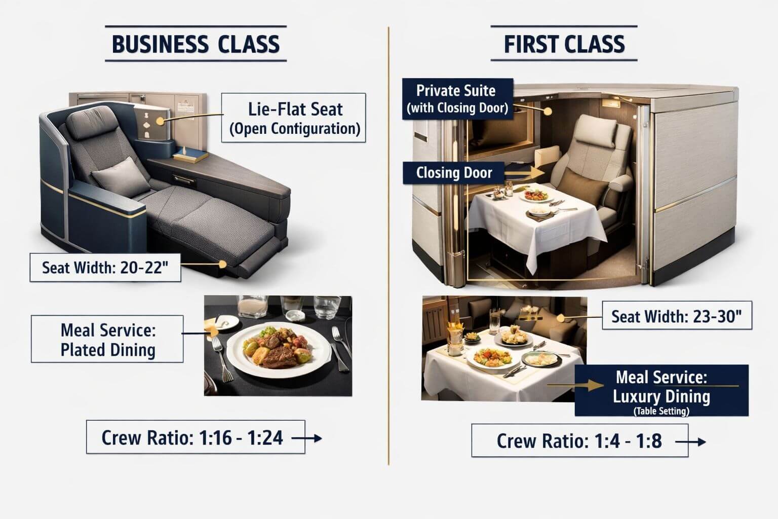 Detailed () side-by-side comparison infographic showing business class seat (lie-flat, open configuration, 1-2-1 layout) on