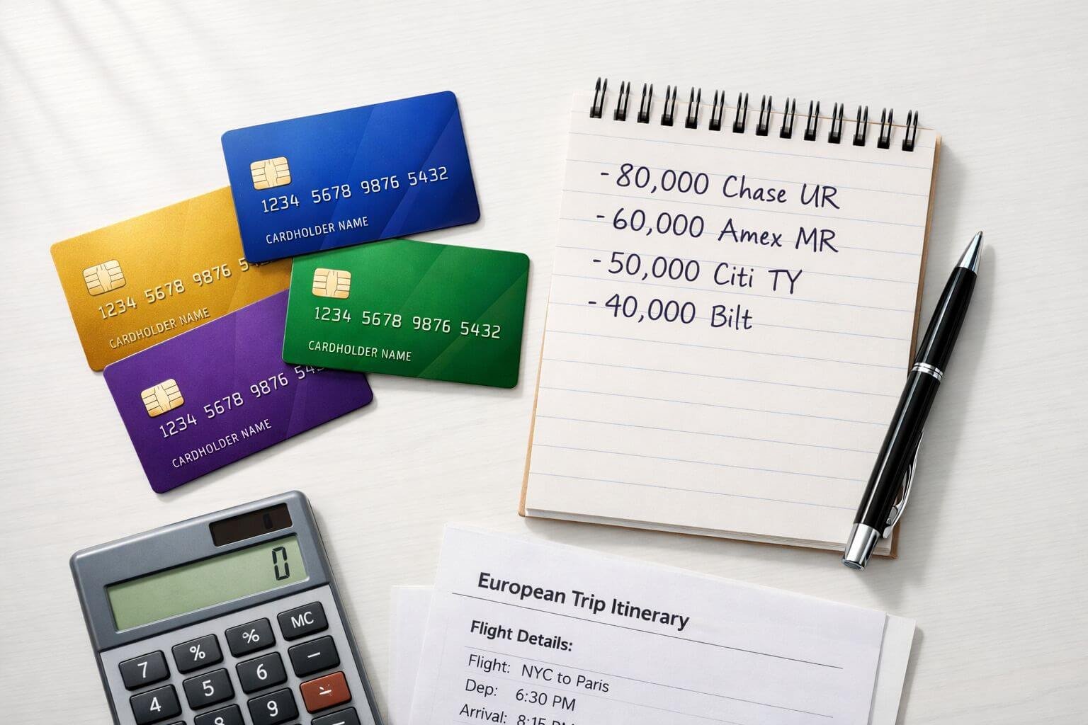 Flat-lay overhead shot on a clean white desk surface showing four distinct generic credit cards spread out in a fan