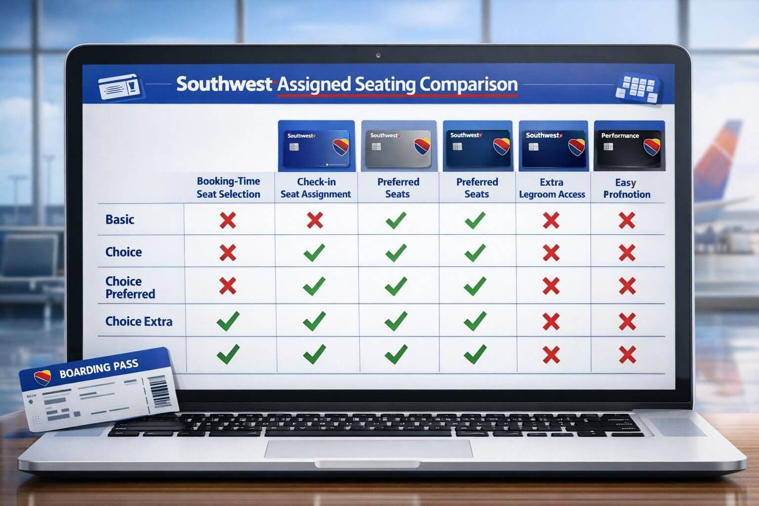 Southwest Assigned Seating and Credit Cards: How to Lock in Good Seats with Points Infographic-style image focused on Southwest assigned seating rules by fare and card tier. Show a clean comparison table on