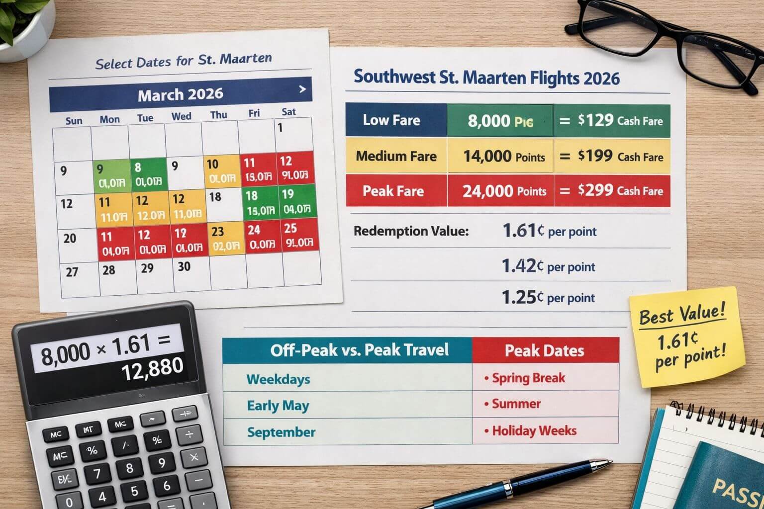 Southwest's New St. Maarten Flights: Best Points Redemptions and Companion Pass Plays for 2026 Editorial chart image focused on Southwest St. Maarten flights 2026 points pricing and redemption value. Show a realistic