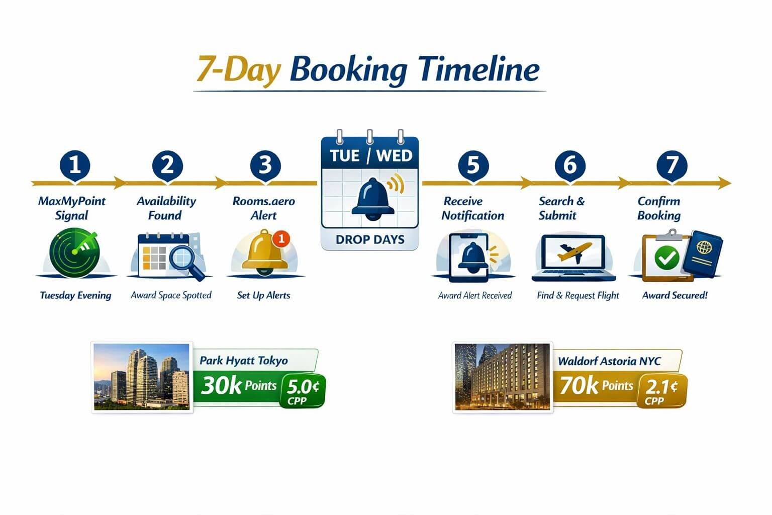 Using MaxMyPoint and Rooms.aero to Time Hotel Award Bookings in 2026 () step-by-step workflow infographic showing a 7-day booking timeline: horizontal timeline with numbered steps (1-7) from