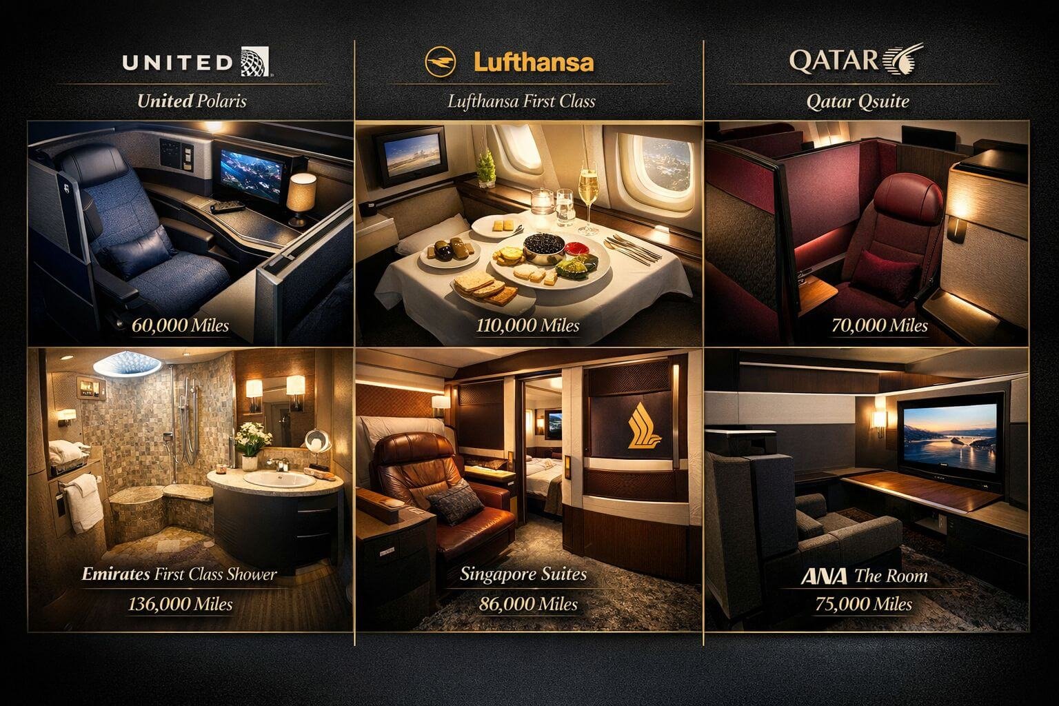 Business Class vs First Class: What's the Difference? Detailed () editorial collage showing six airline premium cabin products: United Polaris business class pod, Lufthansa First