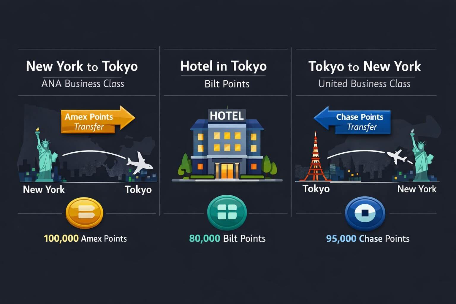 Combining Points from Multiple Cards and Programs to Book One Big Trip Infographic-style illustration in () showing two parallel booking paths for a couple traveling to Tokyo in business class.