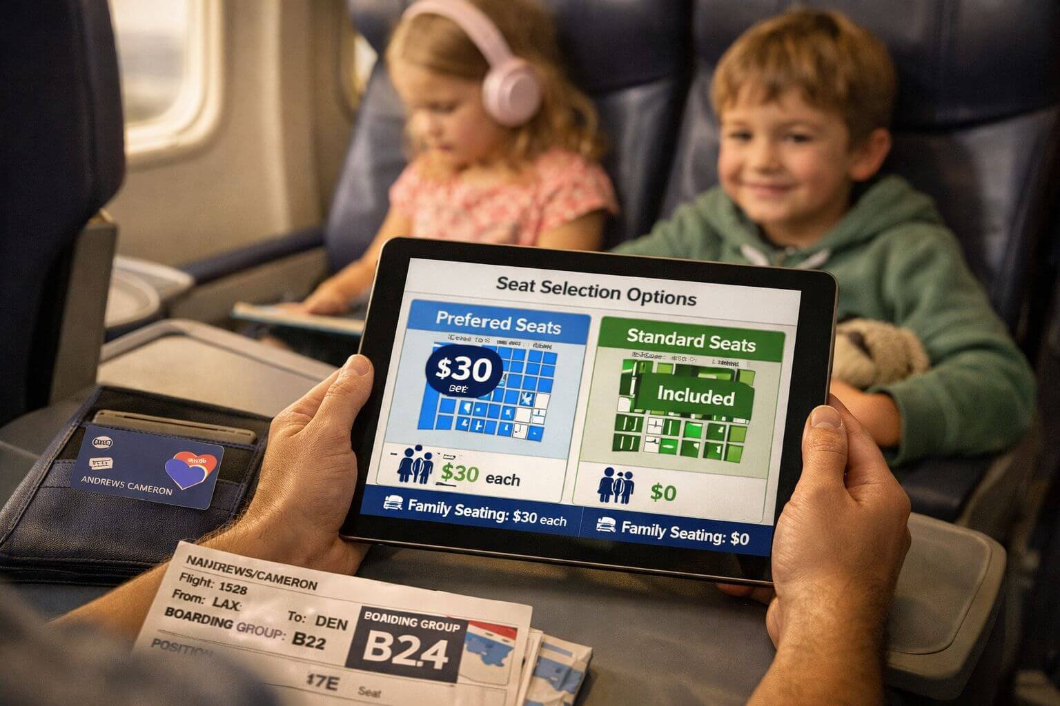 Southwest Assigned Seating and Credit Cards: How to Lock in Good Seats with Points Real-world family travel scene inside an airplane cabin, showing a parent comparing seat selection costs on a tablet while